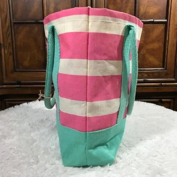 Mud Pie Initial C Cabana Stripe Pink Aqua Periwinkle Canvas Tote - Picture 5 of 10